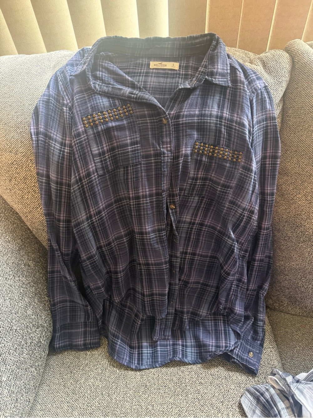 Hollister Navy Blue Plaid Button-Down Shirt with Studded Pockets